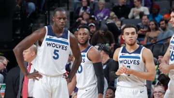 SACRAMENTO, CA - DECEMBER 12: Gorgui Dieng #5, Josh Okogie #20 and Tyus Jones #1 of the Minnesota Timberwolves. Copyright 2018 NBAE (Photo by Rocky Widner/NBAE via Getty Images)