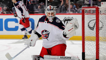 NEWARK, NEW JERSEY - MARCH 05: Keith Kinkaid #1 of the Columbus Blue Jackets makes a glove save during warm ups before the game against the New Jersey Devils on March 05, 2019 at Prudential Center in Newark, New Jersey. (Photo by Elsa/Getty Images)