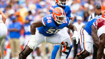 Sep 18, 2021; Gainesville, Florida, USA; Florida Gators offensive lineman Jean Delance (56) against the Alabama Crimson Tide at Ben Hill Griffin Stadium. Mandatory Credit: Mark J. Rebilas-USA TODAY Sports