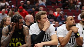 CHICAGO, ILLINOIS - NOVEMBER 06: Jordan Clarkson #00, Lauri Markkanen #23 and Talen Horton-Tucker #5 of the Utah Jazz react against the Chicago Bulls during the second half at the United Center on November 06, 2023 in Chicago, Illinois. NOTE TO USER: User expressly acknowledges and agrees that, by downloading and or using this photograph, User is consenting to the terms and conditions of the Getty Images License Agreement. (Photo by Michael Reaves/Getty Images)