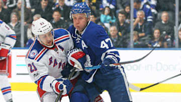 TORONTO, ON - JANUARY 19: Leo Komarov #47 of the Toronto Maple Leafs skates against Derek Stepan #21 of the New York Rangers during an NHL game at the Air Canada Centre on January 19, 2017 in Toronto, Ontario, Canada. The Rangers defeated the Maple Leafs 5-2. (Photo by Claus Andersen/Getty Images)