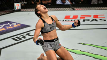 LAS VEGAS, NV - OCTOBER 07: Poliana Botelho of Brazil reacts after the conclusion of her womens strawweight bout against Pearl Gonzalez during the UFC 216 event inside T-Mobile Arena on October 7, 2017 in Las Vegas, Nevada. (Photo by Jeff Bottari/Zuffa LLC/Zuffa LLC via Getty Images)