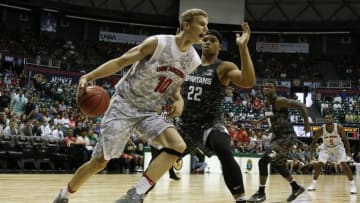 Nov 11, 2016; Honolulu, HI, USA; Arizona Wildcats forward Lauri Markkanen (10) drives to the basket against Michigan State Spartans forward Miles Bridges (22) at the Stan Sheriff Center . Mandatory Credit: Brian Spurlock-USA TODAY Sports