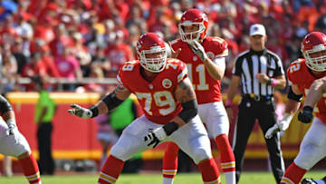 KANSAS CITY, MO - OCTOBER 23: Offensive linemen Parker Ehinger #79 of the Kansas City Chiefs gets set on the line against the New Orleans Saints during the first half on October 23, 2016 at Arrowhead Stadium in Kansas City, Missouri. (Photo by Peter G. Aiken/Getty Images)