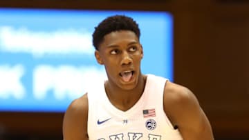 DURHAM, NORTH CAROLINA - JANUARY 26: RJ Barrett #5 of the Duke Blue Devils reacts after a play during their game against the Georgia Tech Yellow Jackets at Cameron Indoor Stadium on January 26, 2019 in Durham, North Carolina. (Photo by Streeter Lecka/Getty Images)