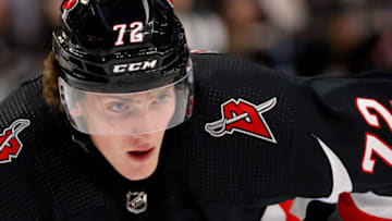 Jan 7, 2023; Buffalo, New York, USA; Buffalo Sabres center Tage Thompson (72) waits for the face-off during the second period against the Minnesota Wild at KeyBank Center. Mandatory Credit: Timothy T. Ludwig-USA TODAY Sports