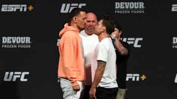 LAS VEGAS, NEVADA - JULY 05: (L-R) Max Holloway and Frankie Edgar face off during the UFC seasonal press conference at T-Mobile Arena on July 5, 2019 in Las Vegas, Nevada. (Photo by Josh Hedges/Zuffa LLC/Zuffa LLC via Getty Images)