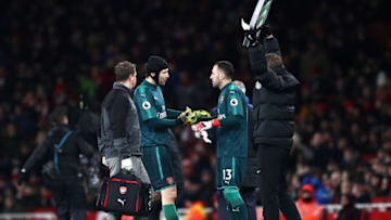 LONDON, ENGLAND - FEBRUARY 03: David Ospina of Arsenal comes on for Petr Cech of Arsenal during the Premier League match between Arsenal and Everton at Emirates Stadium on February 3, 2018 in London, England. (Photo by Catherine Ivill/Getty Images)