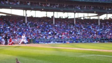 Jul 7, 2015; Chicago, IL, USA; A duck flies on the field during the game between the Chicago Cubs and the St. Louis Cardinals in game two of a baseball doubleheader at Wrigley Field. Mandatory Credit: Caylor Arnold-USA TODAY Sports