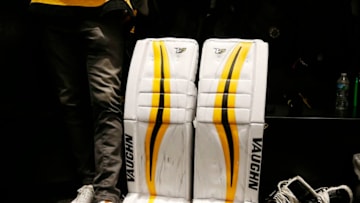 BOSTON - OCTOBER 11: Boston Bruins goaltender Tuukka Rask stands beside his pads as he gives an interview during Bruins Media Day in Boston on Oct. 11, 2016. (Photo by Jessica Rinaldi/The Boston Globe via Getty Images)