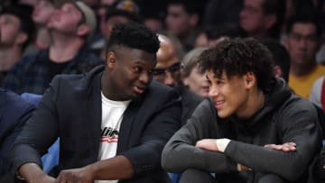 LOS ANGELES, CA - JANUARY 03: Zion Williamson #1 and and Jaxson Hayes #10 of the New Orleans Pelicans on the bench during the basketball game against Los Angeles Lakers at Staples Center on January 3, 2020 in Los Angeles, California. NOTE TO USER: User expressly acknowledges and agrees that, by downloading and or using this Photograph, user is consenting to the terms and conditions of the Getty Images License Agreement. (Photo by Kevork Djansezian/Getty Images)