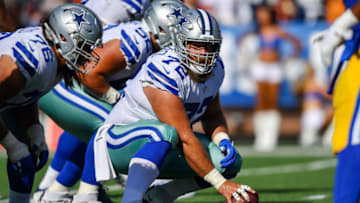 HONOLULU, HAWAII - AUGUST 17: Travis Frederick #72 of the Dallas Cowboys calls the offensive line reads during the preseason game against the Los Angeles Rams at Aloha Stadium on August 17, 2019 in Honolulu, Hawaii. (Photo by Alika Jenner/Getty Images)