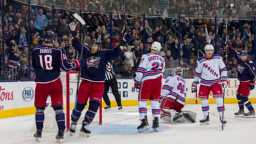 COLUMBUS, OH - JANUARY 13: Columbus Blue Jackets defenseman David Savard (58) celebrates after scoring a goal in a game between the Columbus Blue Jackets and the New York Rangers on January 13, 2019 at Nationwide Arena in Columbus, OH. (Photo by Adam Lacy/Icon Sportswire via Getty Images)
