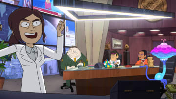 INSIDE JOB, Part 1 (L to R) LIZZY CAPLAN as REAGAN RIDLEY, JOHN DIMAGGIO as GLENN DOLPHMAN, BOBBY LEE as DR. ANDRE LEE, TISHA CAMPBELL as GIGI THOMPSON and BRETT GELMAN as MAGIC MYC in episode 1, part 1 of INSIDE JOB. Credit: Courtesy of NETFLIX / ©NETFLIX 2021