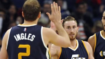 Nov 11, 2016; Orlando, FL, USA; Utah Jazz forward Gordon Hayward (20) high fives forward Joe Ingles (2) against the Orlando Magic during the first quarter at Amway Center. Mandatory Credit: Kim Klement-USA TODAY Sports