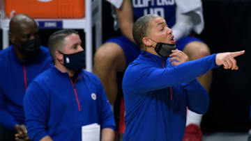 LOS ANGELES, CALIFORNIA - DECEMBER 30: Head coach Tyronn Lue of the LA Clippers, calls out from the bench during a 128-105 Clippers win over the Portland Trail Blazers at Staples Center on December 30, 2020 in Los Angeles, California. NOTE TO USER: User expressly acknowledges and agrees that, by downloading and/or using this photograph, user is consenting to the terms and conditions of the Getty Images License Agreement. (Photo by Harry How/Getty Images)