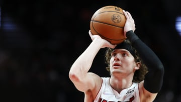 Kyle Guy # 5 of the Miami Heat shoots a free throw during the second half against the Portland Trail Blazers(Photo by Soobum Im/Getty Images)