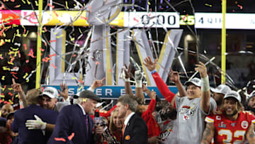MIAMI, FLORIDA - FEBRUARY 02: President Mark Donovan of the Kansas City Chiefs receives the Vince Lombardi Trophy after defeating the San Francisco 49ers 31-20 in Super Bowl LIV at Hard Rock Stadium on February 02, 2020 in Miami, Florida. (Photo by Jamie Squire/Getty Images)