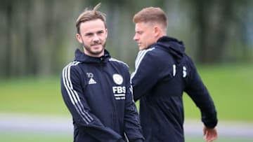 Leicester City's James Maddison and Harvey Barnes (Photo by Lindsey Parnaby / AFP) (Photo by LINDSEY PARNABY/AFP via Getty Images)