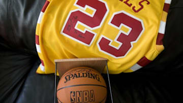 LOS ANGELES - AUGUST 30: Basketball player Lebron James' signed ball and jersey August, 2005 at LA Center Stage Los Angeles, California. (Photo by Justin Jay/Getty Images)