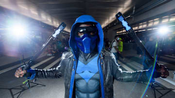 NEW YORK, NEW YORK - OCTOBER 08: A cosplayer dressed as a blue version of Red Hood inspired by the DC Universe poses during the second day of Comic Con at Javits Center on October 08, 2021 in New York City. (Photo by Roy Rochlin/Getty Images)