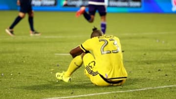 Aug 1, 2015; Orlando, FL, USA; Columbus Crew forward Kei Kamara (23) reacts on the field after Orlando City SC scored a goal during the second half at Orlando Citrus Bowl Stadium. Orlando City SC defeated the Columbus Crew 5-2. Mandatory Credit: Kim Klement-USA TODAY Sports