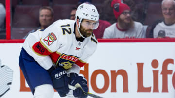 OTTAWA, ON - MARCH 20: Florida Panthers Defenceman Ian McCoshen (12) prepares for a face-off during third period National Hockey League action between the Florida Panthers and Ottawa Senators on March 20, 2018, at Canadian Tire Centre in Ottawa, ON, Canada. (Photo by Richard A. Whittaker/Icon Sportswire via Getty Images)