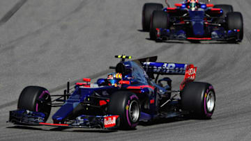 SOCHI, RUSSIA - APRIL 30: Carlos Sainz of Spain driving the (55) Scuderia Toro Rosso STR12 leads Daniil Kvyat of Russia driving the (26) Scuderia Toro Rosso STR12 on track during the Formula One Grand Prix of Russia on April 30, 2017 in Sochi, Russia. (Photo by Mark Thompson/Getty Images)