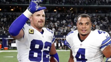 Oct 30, 2016; Arlington, TX, USA; Dallas Cowboys quarterback Dak Prescott (4) and tight end Jason Witten (82) are interviewed after the game against the Philadelphia Eagles at AT&T Stadium. Dallas Cowboys won 29-23. Mandatory Credit: Tim Heitman-USA TODAY Sports