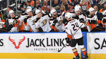 EDMONTON, AB - FEBRUARY 23: Carter Rowney #24 of the Anaheim Ducks celebrates after a goal during the game against the Edmonton Oilers on February 23, 2019 at Rogers Place in Edmonton, Alberta, Canada. (Photo by Andy Devlin/NHLI via Getty Images)