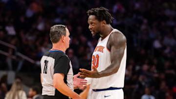 Dec 11, 2022; New York, New York, USA; New York Knicks forward Julius Randle (30) talks with referee Evan Scott (78) during the third quarter against the Sacramento Kings at Madison Square Garden. Mandatory Credit: John Jones-USA TODAY Sports