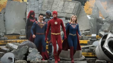 Supergirl -- "Crisis on Infinite Earths: Part One" -- Image Number: SPG509c_0093r.jpg -- Pictured (L-R): Ruby Rose as Kate Kane/Batwoman, Tyler Hoechlin as Clark Kent/Superman, Brandon Routh as Ray Palmer/Atom, Grant Gustin as The Flash and Melissa Benoist as Kara/Supergirl -- Photo: Dean Buscher/The CW -- © 2019 The CW Network, LLC. All Rights Reserved.