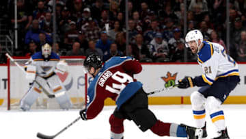 DENVER, CO - APRIL 07: Samuel Girard #49 of the Colorado Avalanche fires a shot on goal, only to be blocked, against the St Louis Blues at the Pepsi Center on April 7, 2018 in Denver, Colorado. (Photo by Matthew Stockman/Getty Images)