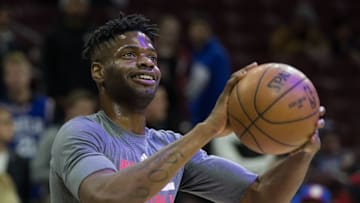 Jan 3, 2017; Philadelphia, PA, USA; Philadelphia 76ers forward Nerlens Noel (4) warms up before action against the Minnesota Timberwolves at Wells Fargo Center. Mandatory Credit: Bill Streicher-USA TODAY Sports
