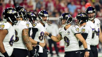 Oct 26, 2015; Glendale, AZ, USA; Baltimore Ravens kicker Justin Tucker (9) celebrates with teammates after a 44 yard field goal during the first half against the Arizona Cardinals at University of Phoenix Stadium. Mandatory Credit: Matt Kartozian-USA TODAY Sports