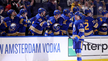 Apr 5, 2022; Buffalo, New York, USA; Buffalo Sabres left wing Victor Olofsson (71) celebrates his goal with teammates during the third period against the Carolina Hurricanes at KeyBank Center. Mandatory Credit: Timothy T. Ludwig-USA TODAY Sports