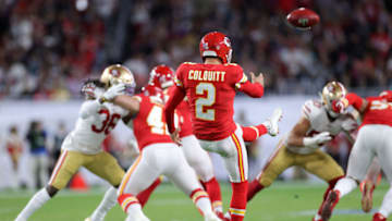 MIAMI, FLORIDA - FEBRUARY 02: Dustin Colquitt #2 of the Kansas City Chiefs kicks the ball against the San Francisco 49ers during the first half in Super Bowl LIV at Hard Rock Stadium on February 02, 2020 in Miami, Florida. (Photo by Rob Carr/Getty Images)