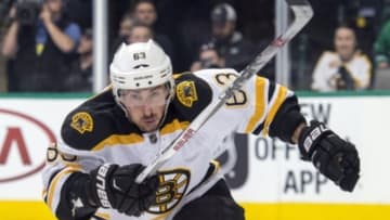 Feb 20, 2016; Dallas, TX, USA; Boston Bruins left wing Brad Marchand (63) skates against the Dallas Stars during the second period at the American Airlines Center. Marchand scores two goals in the second. Mandatory Credit: Jerome Miron-USA TODAY Sports