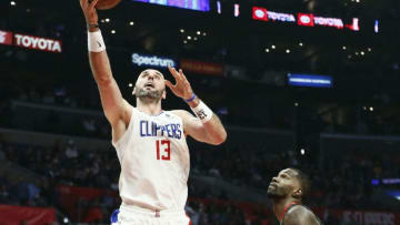 LOS ANGELES, CA - JANUARY 28: Marcin Gortat #13 of the LA Clippers shoots the ball against the Atlanta Hawks on January 28, 2019 at STAPLES Center in Los Angeles, California. NOTE TO USER: User expressly acknowledges and agrees that, by downloading and/or using this Photograph, user is consenting to the terms and conditions of the Getty Images License Agreement. Mandatory Copyright Notice: Copyright 2019 NBAE (Photo by Chris Elise/NBAE via Getty Images)