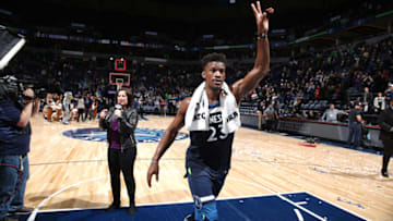 MINNEAPOLIS, MN - DECEMBER 27: Jimmy Butler #23 of the Minnesota Timberwolves scored 12 of the Timberwolves 14 points in overtime to lead them to a 128-125 victory over the Denver Nuggets on December 27, 2017 at Target Center in Minneapolis, Minnesota. NOTE TO USER: User expressly acknowledges and agrees that, by downloading and or using this Photograph, user is consenting to the terms and conditions of the Getty Images License Agreement. Mandatory Copyright Notice: Copyright 2017 NBAE (Photo by David Sherman/NBAE via Getty Images)