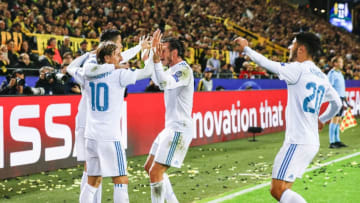 DORTMUND, GERMANY - SEPTEMBER 26: Cristiano Ronaldo of Real Madrid celebrates is goal whit team mates during the UEFA Champions League group H match between Borussia Dortmund and Real Madrid at Signal Iduna Park on September 26, 2017 in Dortmund, Germany. (Photo by Antonio Villalba/Real Madrid via Getty Images)