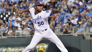 KANSAS CITY, MO - JULY 01: Kansas City Royals relief pitcher Miguel Almonte (50) pitches during the second game of a double-header between the Minnesota Twins and the Kansas City Royals, July 01, 2017, at Kauffman Stadium, Kansas City, MO. (Photo by Keith Gillett/Icon Sportswire via Getty Images)