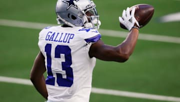 ARLINGTON, TEXAS - DECEMBER 20: Wide receiver Michael Gallup #13 of the Dallas Cowboys celebrates a touchdown against the San Francisco 49ers during the first quarter at AT&T Stadium on December 20, 2020 in Arlington, Texas. (Photo by Tom Pennington/Getty Images)