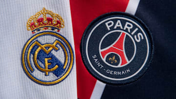 MANCHESTER, ENGLAND - SEPTEMBER 01: The Real Madrid and Paris Saint-Germain club crests on their first team home shirts on September 1, 2020 in Manchester, United Kingdom. (Photo by Visionhaus)