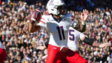 Nov 11, 2023; Boulder, Colorado, USA; Arizona Wildcats linebacker Taylor Upshaw (11) prepares to the pass Colorado Buffaloes in the first half at Folsom Field. Mandatory Credit: Ron Chenoy-USA TODAY Sports