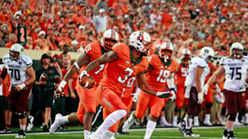 STILLWATER, OK - AUGUST 30: Linebacker Kenneth Edison-McGruder #3 of the Oklahoma State Cowboys celebrates a fumble recovery against the Missouri State Bears at Boone Pickens Stadium on August 30, 2018 in Stillwater, Oklahoma. The Cowboys defeated the Bears 58-17. (Photo by Brett Deering/Getty Images)