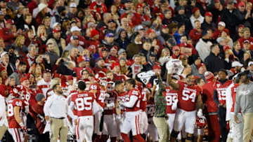 NORMAN, OK - NOVEMBER 23: The Oklahoma Sooners get amped up before a game against the TCU Horned Frogs on November 23, 2019 at Gaylord Family Oklahoma Memorial Stadium in Norman, Oklahoma. OU held on to win 28-24. (Photo by Brian Bahr/Getty Images)