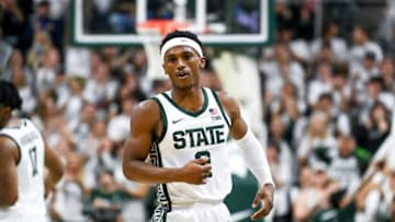 Michigan State's Tyson Walker celebrates his 3-pointer against Tennessee during the first half on Sunday, Oct. 29, 2023, at the Breslin Center in East Lansing.