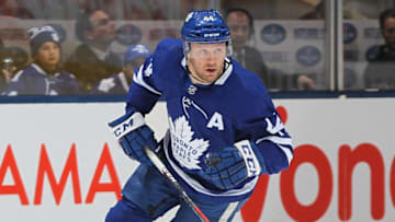 Morgan Rielly #44 of the Toronto Maple Leafs skates against the Boston Bruins during an NHL game at Scotiabank Arena. (Photo by Claus Andersen/Getty Images)