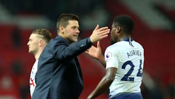 MANCHESTER, ENGLAND - AUGUST 27: Mauricio Pochettino, Manager of Tottenham Hotspur and Serge Aurier of Tottenham Hotspur celebrate following their sides victory in the Premier League match between Manchester United and Tottenham Hotspur at Old Trafford on August 27, 2018 in Manchester, United Kingdom. (Photo by Tottenham Hotspur FC/Tottenham Hotspur FC via Getty Images)
